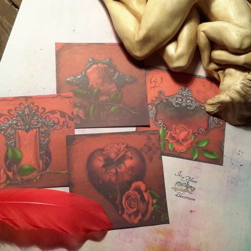 Lot 4 cartes, images, amour, passion gothique. love, roses rouges, mots d’amour. anniversaire, fête, st valentin. 