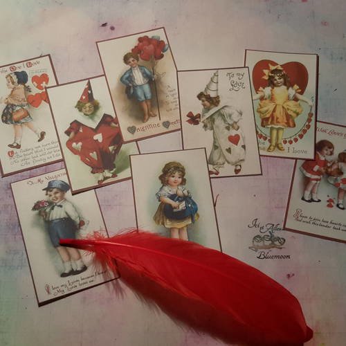 Lot de 8 images, collection saint valentin,  petits enfants,  coeurs, fleurs...  carterie 
