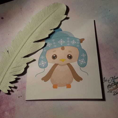 Carte double personnalisable,  rectangulaire  250g et enveloppe, petit oiseau, bébé chouette,  hibou et son bonnet de laine. carterie 