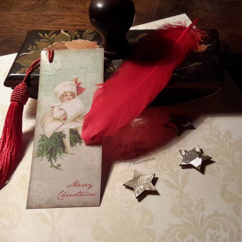 Marque pages plastifié, noël,  vintage,  avec grand pompon rouge et or.  noël 