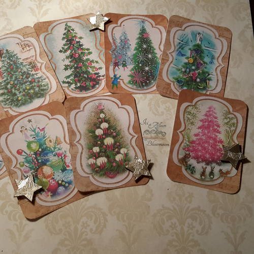 Lot de 8 mini cartes,  250g, images, sapins de noël en fête,  dies, découpes. scrap 