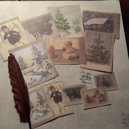 Lot 7 petites images,  mini cartes noël vintage + 5 tags offerts. noëls victoriens. scènes d’hiver. scrapbooking, créations cartes 