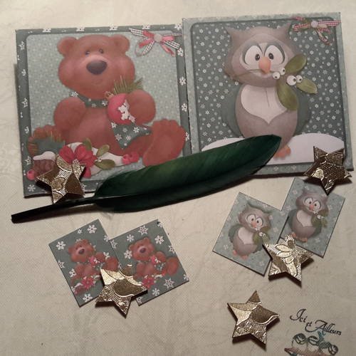 Lot de  2 pochettes, enveloppes, décorations noël +4 mini tags offerts. ours en peluche, chouette, gui. 