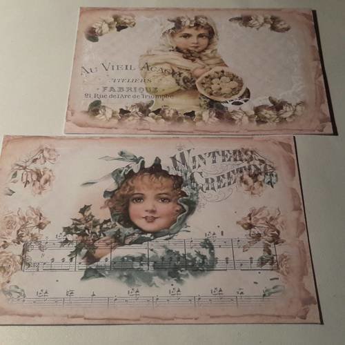 Lot de 2 grandes cartes, images hivernales, vintage,  petites filles époque victorienne, 250g, décors divers (et d'hiver. 