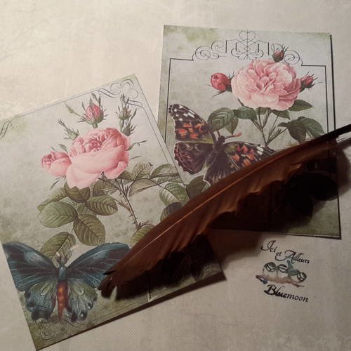 Lot  a de 2 grandes images,  cartes, shabby romantique, papillons merveilleux, roses anciennes..papier 250g 