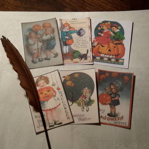 Lot  6 mini cartes rétro,  motifs halloween, enfants,  chats noirs, citrouilles. vintage.  scrap 