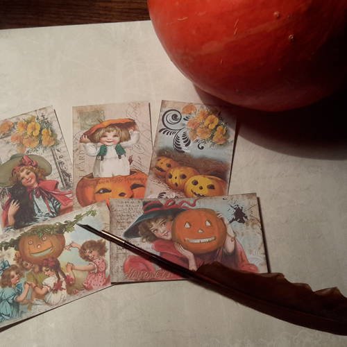 Lot  5 mini cartes, images, motifs halloween, enfants,  chats noirs, citrouilles.. tons vieillis, 250g 