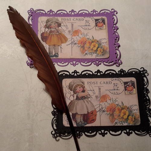 Lot 2 die cut,  petites cartes violette et noire, halloween, fillettes, citrouilles, fleurs, rétro, papier filigrané, embellissements