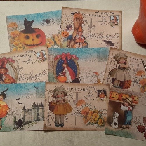Lot  8 images, petites cartes rétro, halloween, enfants,  chats noirs, sorcières, souris, chaudron,  citrouilles.. 