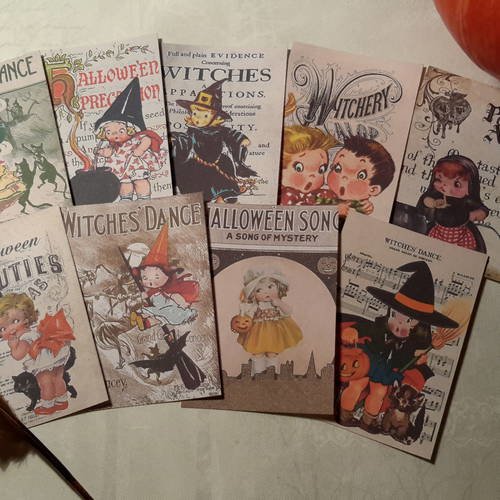 Lot  9 images, petites cartes rétro, halloween, enfants,  chats noirs, sorcières, balai, chaudron,  citrouilles.. 