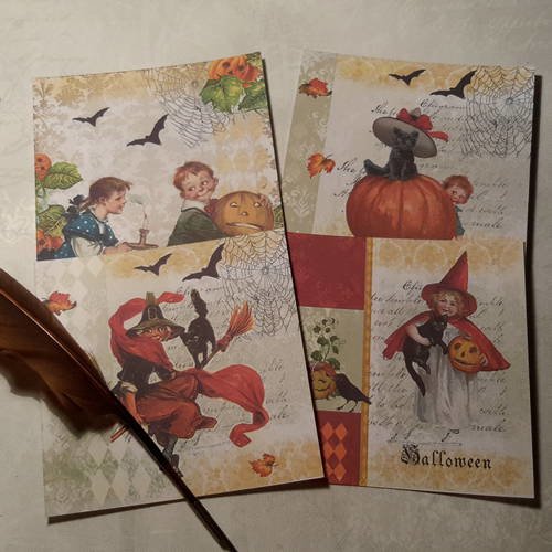 Lot  4 cartes rétro, motifs halloween, enfants,  chats noirs, sorcières, balai, citrouille.. 