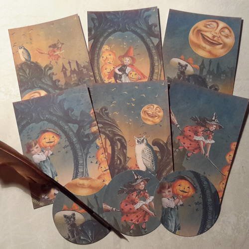 Lot  6 mini cartes rétro +3 rondes , motifs halloween, enfants,  chats noirs et sorcières., tons vieillis, sur 