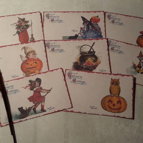 Lot  8 mini cartes rétro, motifs halloween, enfants,  chats noirs, sorcières, souhaits halloween