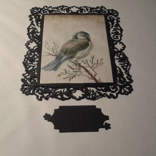 -carte et enveloppe, en cadre découpé fines arabesques, illustration élégante oiseau de nos jardins, mésange bleue 