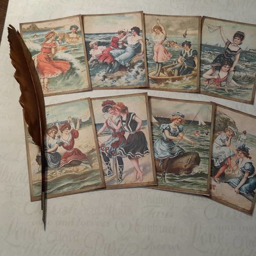 Lot 8  images, petites cartes. dessins 1900, vacances à la mer. baigneuses, costumes de bain. papier 250g. scrap 
