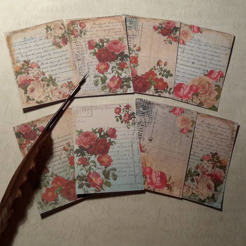 Lot  de 8 images, petites cartes.  roses anciennes,  écritures  cartes.  shabby. post card. scrap 