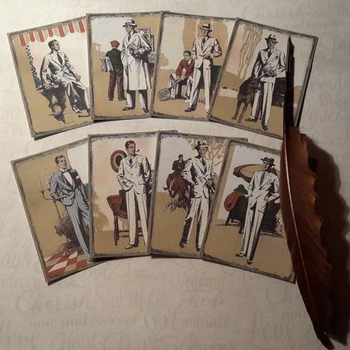 Lot de 8 cartes, images,  portraits d'hommes, gentleman,  séducteur,  agent secret, charmeur, aristocrate,  milliardaire.. vintage