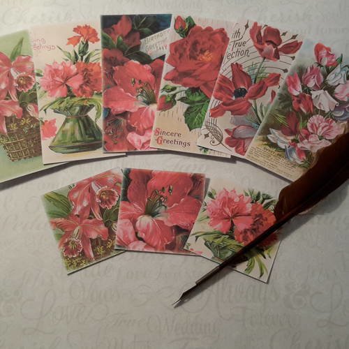Lot  de 6 petites images + 3 embellissements. adhésifs double face offerts.  mini cartes, étiquettes.... fleurs harmonie de rouges. scrap 