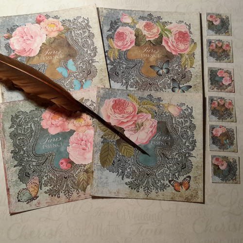 Lot 4 grandes images + 6 mini tag + 12 carrés 3d offerts.  roses et papillons shabby. papier 250g. scrap 