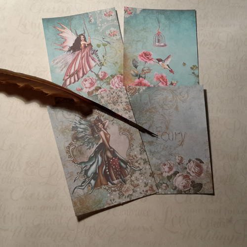 Lot b de 4 images, petites cartes, les fées. colibri, roses, cage oiseau, féerie. .. fonds pour cartes. carterie 