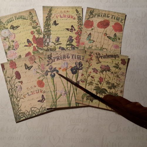 Lot  de 6  images, mini cartes.  papillons et fleurs, le printemps, écritures. beaux dessins et couleurs ! scrap 