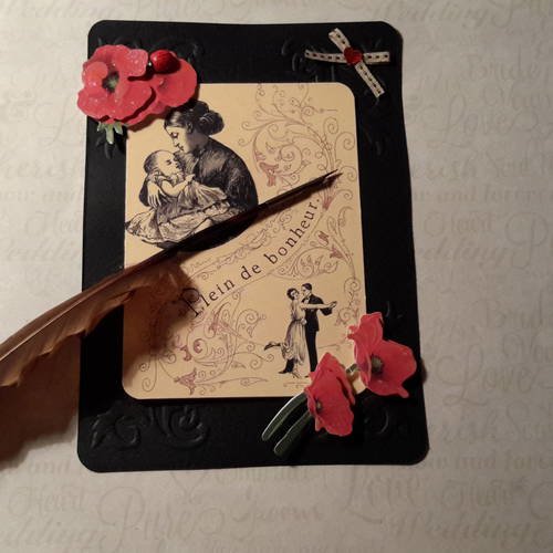 Carte noire et son enveloppe ,  embossée,  "plein de bonheur", fleurs 3d, noeud, coeur 
