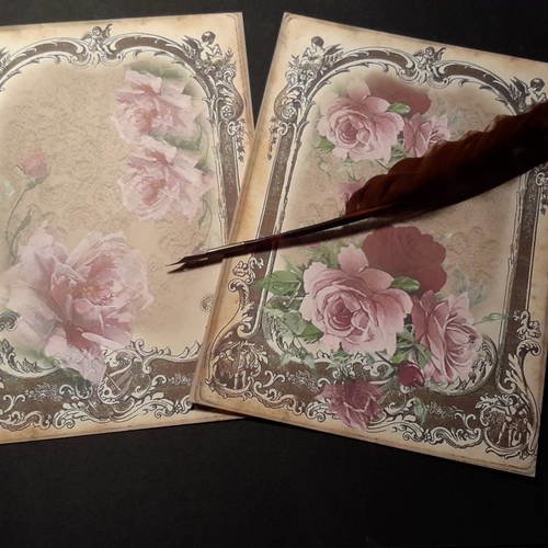 Lot c de 2 feuilles papier scrapbooking,  rectangulaires, motifs shabby chic, floral.. roses, cadres, anges et fioritures.  . scrap 