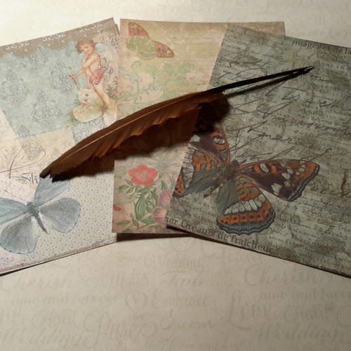 Lot de 3 feuilles papier scrapbooking rectangulaire , papillons, fleurs, poème,  ange,  shabby et vintage. scrap