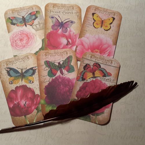 Lot  de 6  images, mini cartes.  papillons et fleurs, post card,  écritures. beaux dessins et couleurs ! scrap 