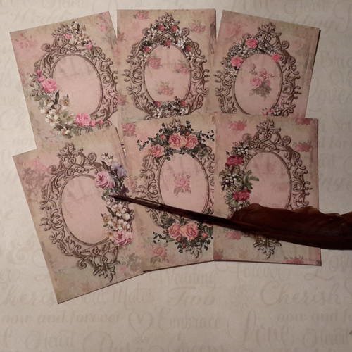 Lot  de 6  images, petites cartes.  roses anciennes,  avec cadres et fioritures , shabby chic. carterie