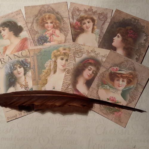 Lot de 8  mini cartes, images anciennes, hymne à la beauté feminine, portraits femmes.  scrap 
