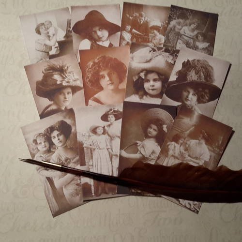 Lot  de 12 petites images, mères et enfants. epoque victorienne. collection portraits anciens. carterie 
