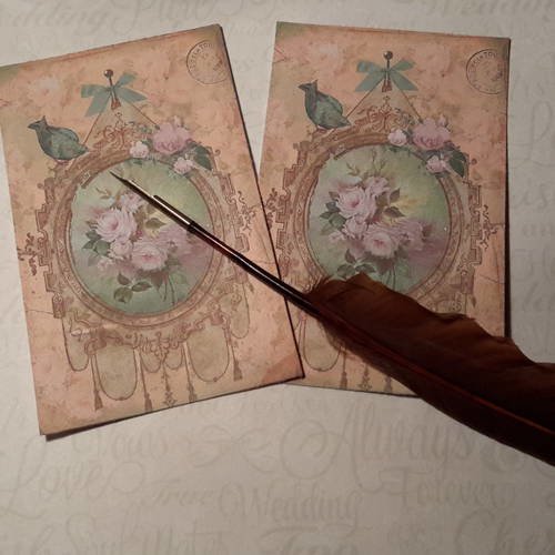 Lot de 2 cartes images,  cadre ovale, façon miroir avec pompons,   roses, oiseau, ruban, shabby. carterie
