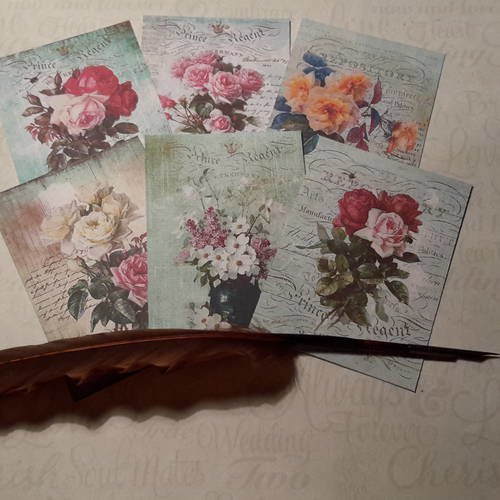 Lot  de 6  images, petites cartes.  roses anciennes, anglaises, sur fonds écriture, publicité ancienne. shabby chic. 