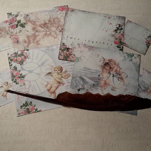 Lot de 4 cartes carrées + 4 tags cadeaux, images, fleurs, anges, piano, colombe... motif pour cartes , shabby romantique. 