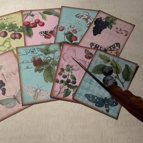 Lot  de 8  images, petites cartes.  papillons et petits fruits,  écritures. beaux dessins et couleurs ! scrap 