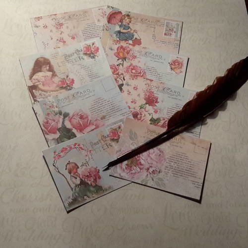 Lot 8 petites images, mini cartes shabby,  roses et fillettes,  post card,  timbres roses. scrap