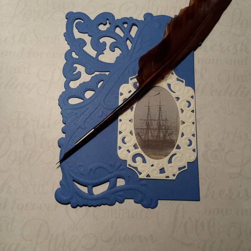 Carte rectangulaire  et enveloppe, bateaux,  goélette, découpe embossée,   filigrane bleu. carterie 