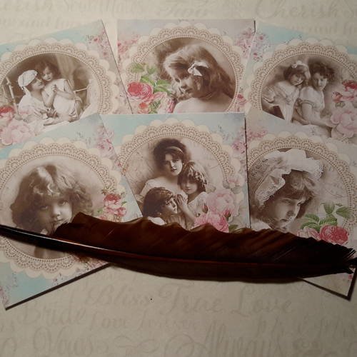 Lot de 6 images carrées , petites cartes tableaux,  mères et enfants. epoque victorienne. collection romantique. carterie 