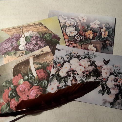 Lot de 3 + 1 cadeau, cartes, images, panier de fleurs, hortensias,  pensées, roses,  fonds de cartes , vintage . abeilles. carterie 