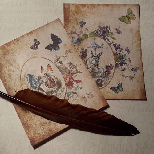 Lot  b de 2  grandes cartes, images, fleurs, fées, papillons. vintage.  médaillon ovale, fonds pour carte. scrap 