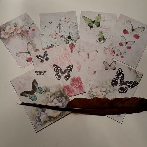 Lot  de 8  images, petites cartes.  papillons, pivoines, lilas,  roses, fleurs,  cadran pendule,  écritures.  scrap 