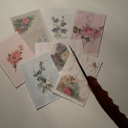 Lot  de 9  images, mini cartes.  roses, fleurs, lilas, myosotis , mésange. . shabby chic. scrap 