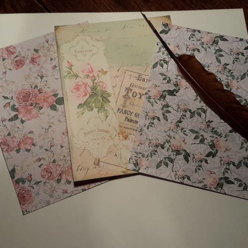 Lot de 3 feuilles papier scrapbooking,  shabby chic, roses, ange, publicité ancienne. papier épais 250g  scrap