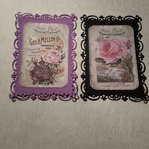Lot de 2 petites cartes violette et noire, roses shabby, ou bases pour créations cartes,  contour filigrané. 