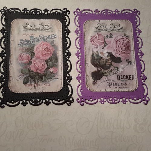 Lot de 2 die cut,  petites cartes violette et noire, roses shabby, ou bases pour créations cartes,  contour filigrané. 