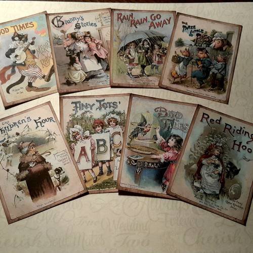 Lot de 8 petites images contes pour enfants, chaperon rouge, 3 petits cochons. .motifs pour cartes , charmants. anniversaire, 