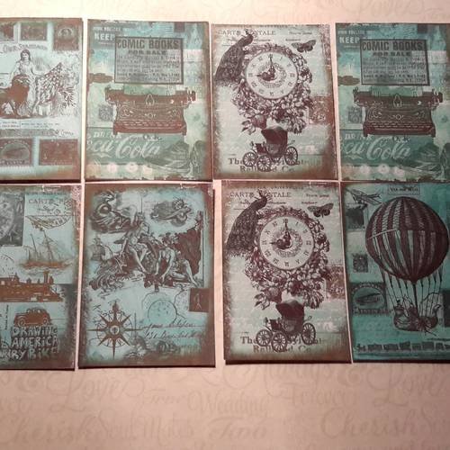 Lot de 8 images,  collection esprit steampunk.  sur fonds couleur turquoise, motifs noirs.. scrap 