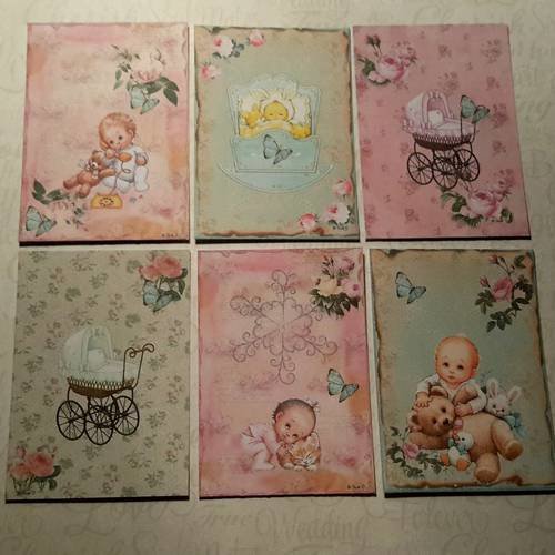 Lot de 6  images, bébés craquants,  ours en peluche, landaus, papillons, lapinou.  base, motifs pour cartes 