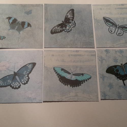 Lot de 6 images papillons, rêves bleus.  six dessins papillons superbes, toute en harmonie de bleus. carterie 